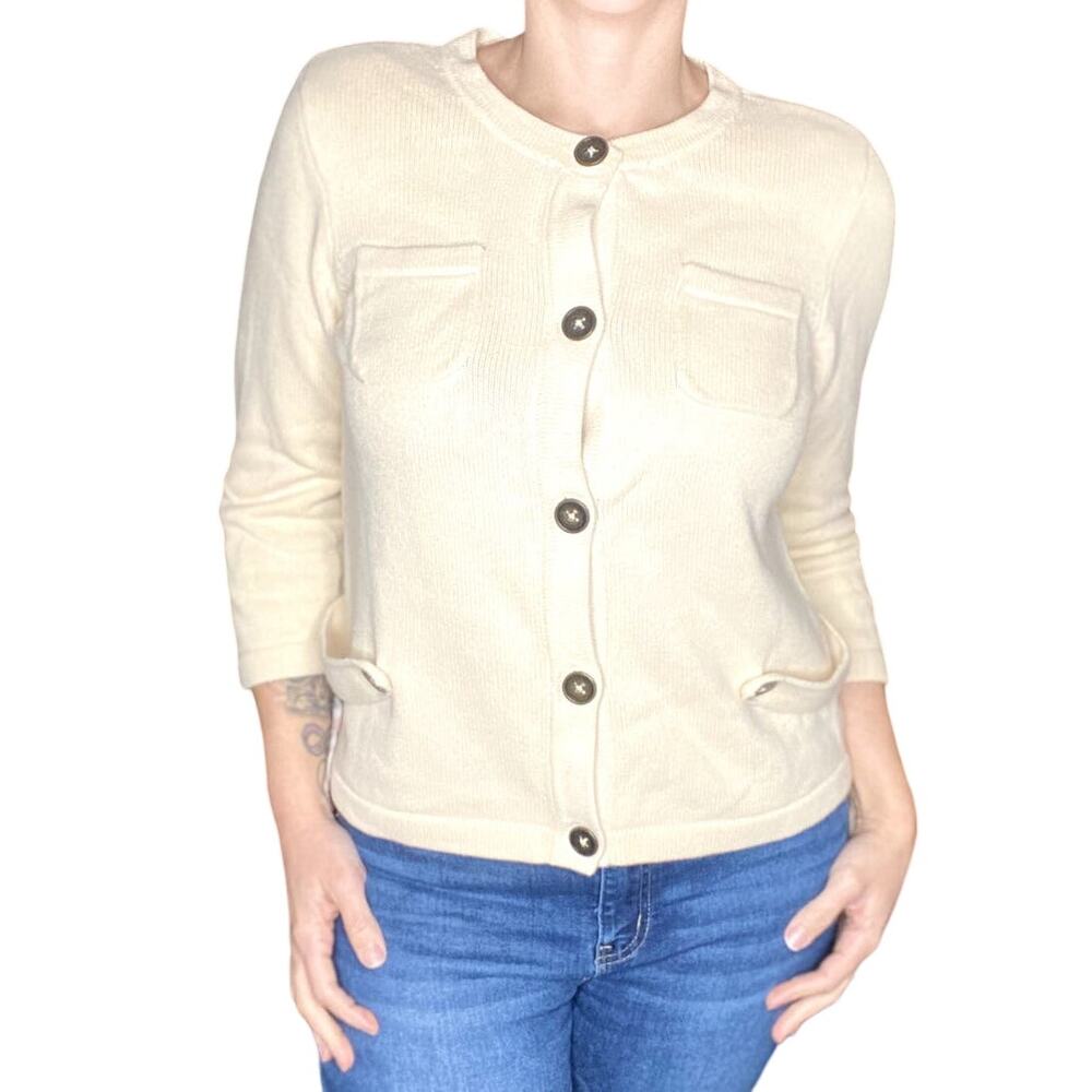 Chaps Cream Cardigan Sweater size Large POCKETS 3/4 Sleeves Thick Button Down
